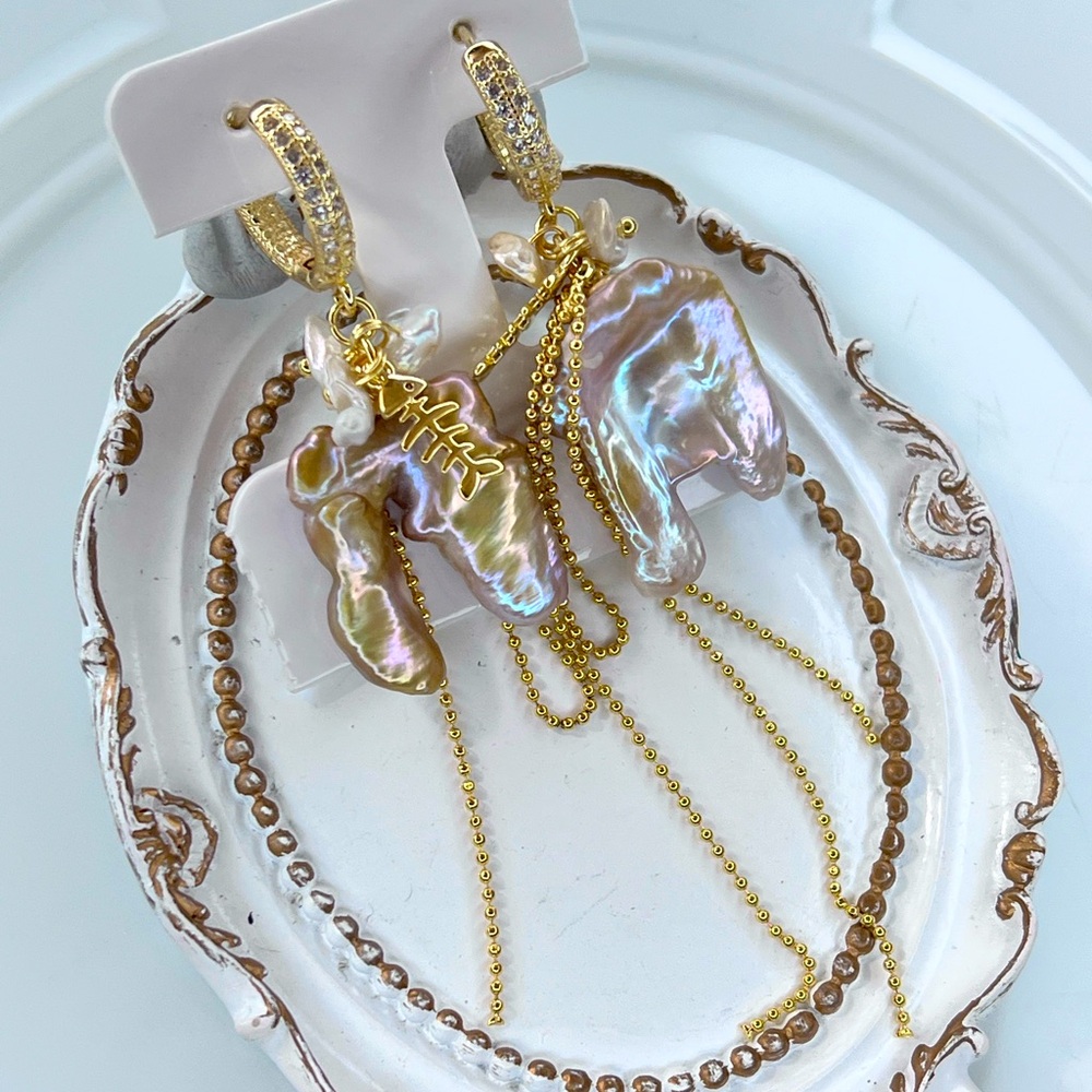 Handmade Freshwater Keshi Gold Unicorn 🦄 Baroque Pearl Dangle Earrings S925 SS